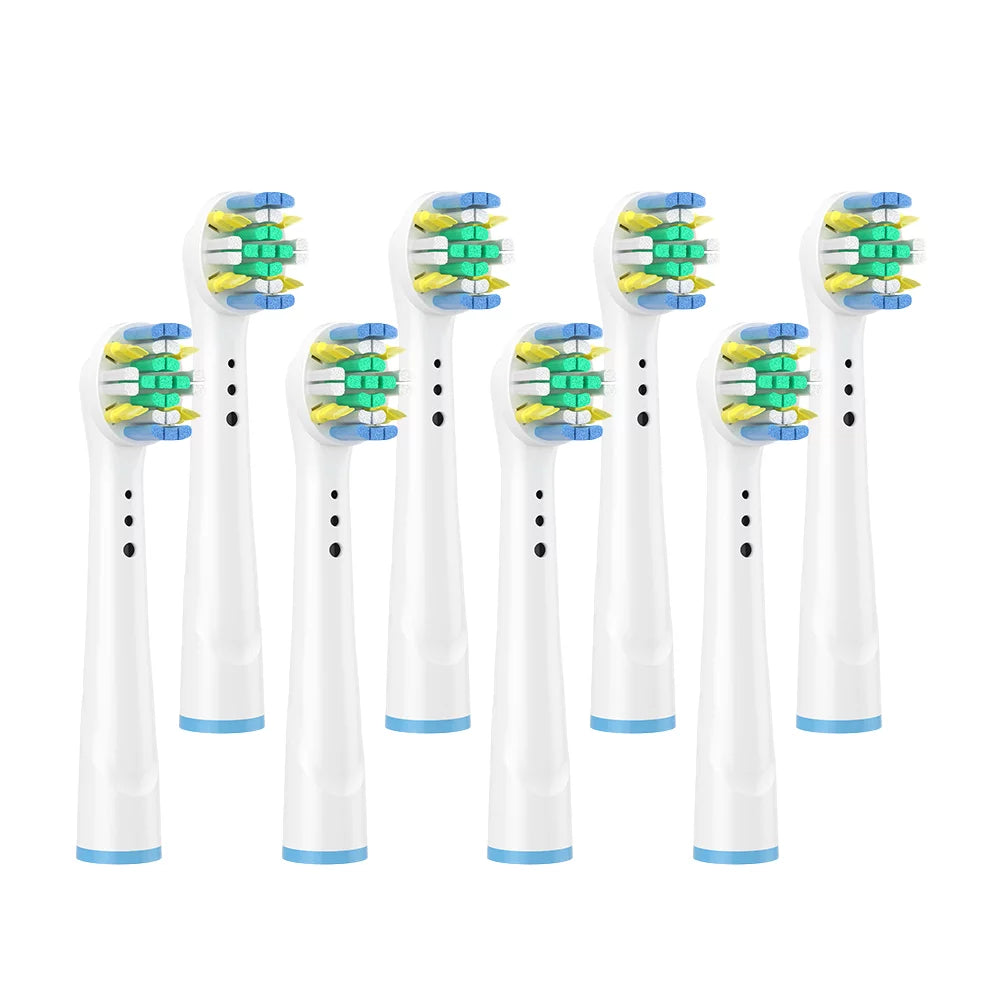 A set of GENKENT replacement toothbrush heads compatible with Oral B Professional, featuring colorful rings for easy identification and durable DuPont bristles.