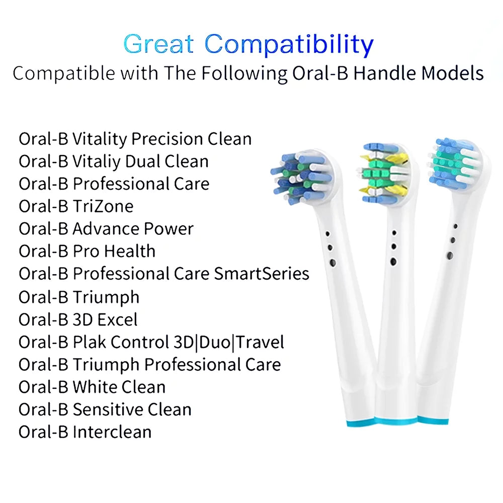 A set of GENKENT replacement toothbrush heads compatible with Oral B Professional, featuring colorful rings for easy identification and durable DuPont bristles.