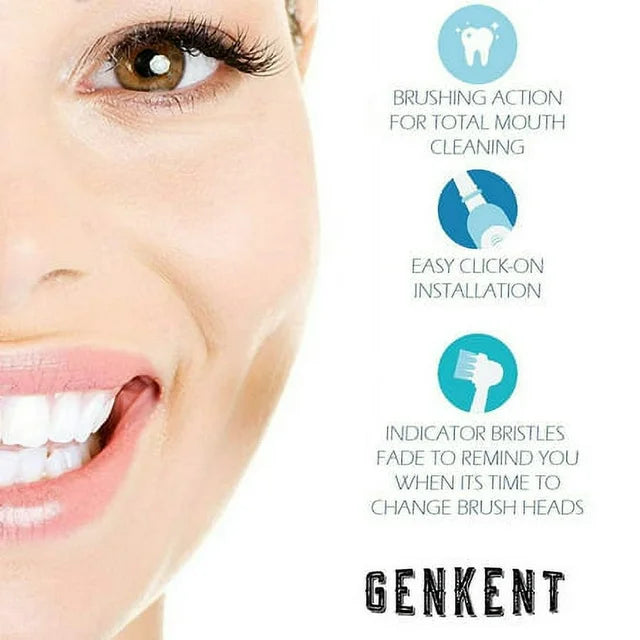 A set of GENKENT replacement toothbrush heads compatible with Oral B Professional, featuring colorful rings for easy identification and durable DuPont bristles.