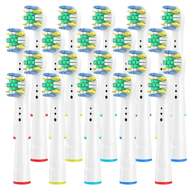 A set of GENKENT replacement toothbrush heads compatible with Oral B Professional, featuring colorful rings for easy identification and durable DuPont bristles.