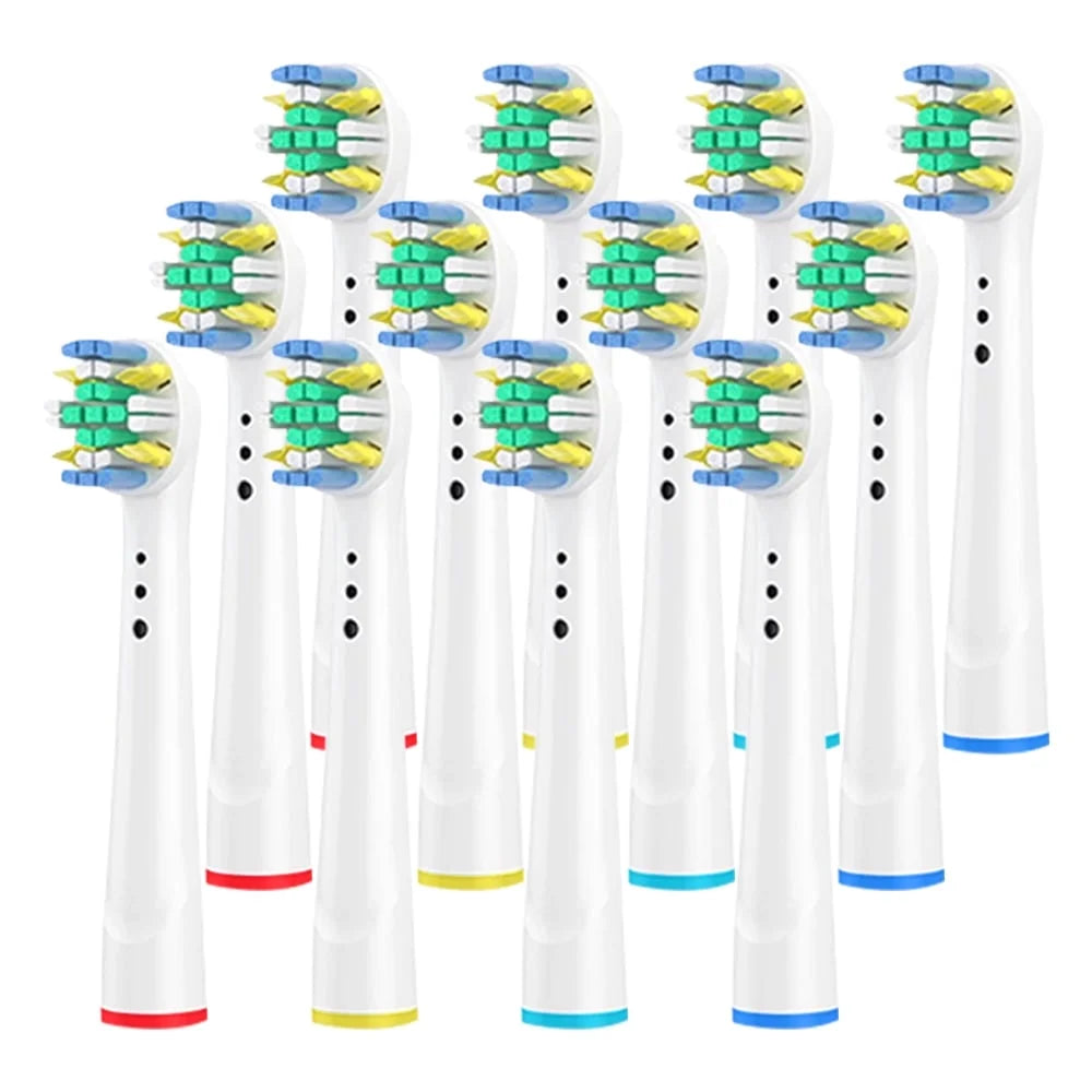 A set of GENKENT replacement toothbrush heads compatible with Oral B Professional, featuring colorful rings for easy identification and durable DuPont bristles.