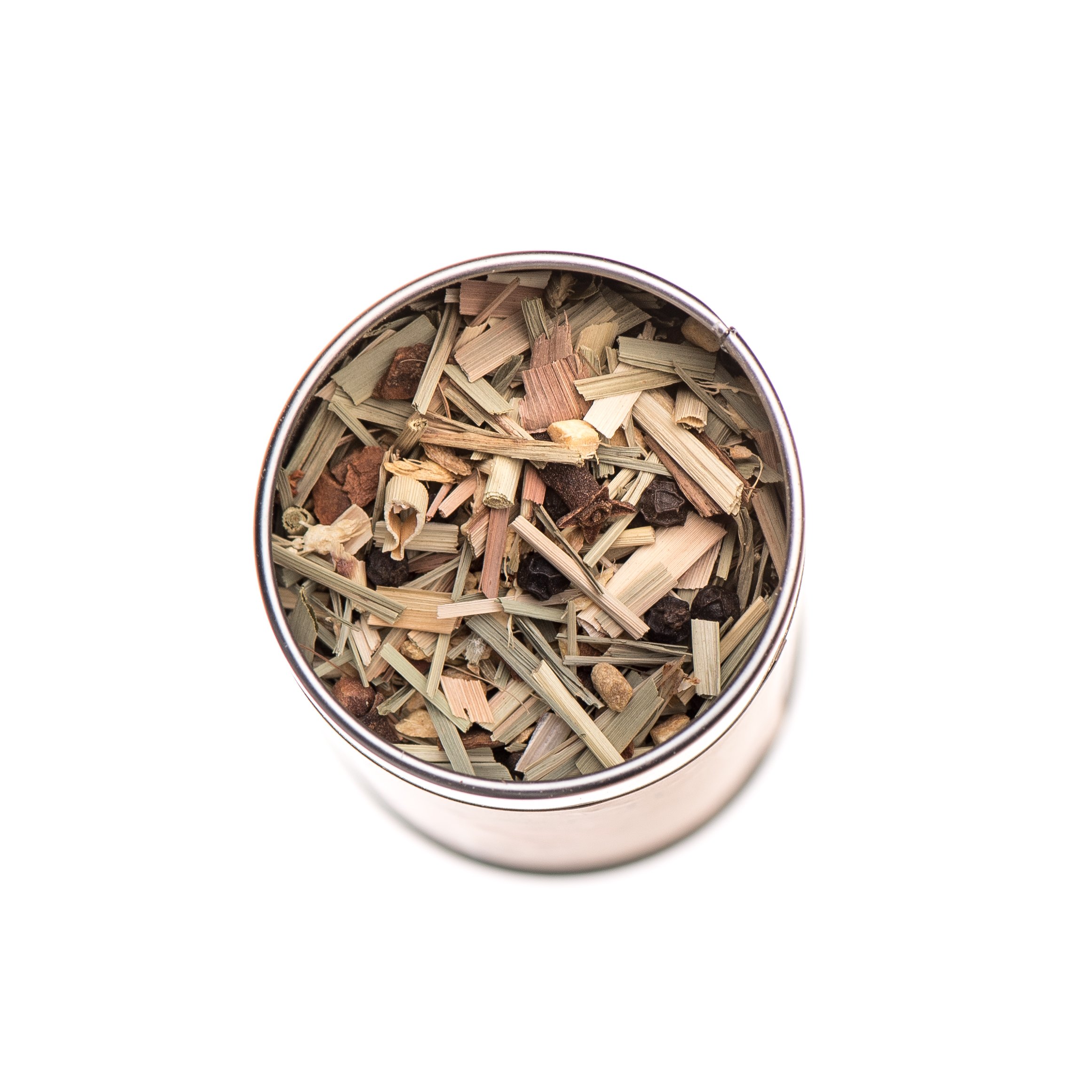 A vibrant canister of Rooibos Chai Blend Tea featuring a blend of red rooibos, chai spices, and lemongrass, showcasing its earthy and aromatic qualities.