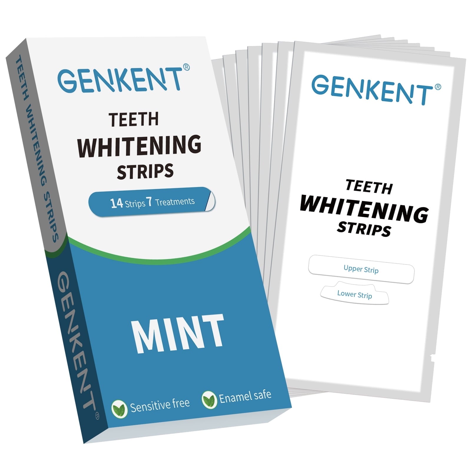 A pack of Sensitive Teeth Whitening Strips with mint flavor, designed for effective 7-day whitening treatment, suitable for sensitive teeth.