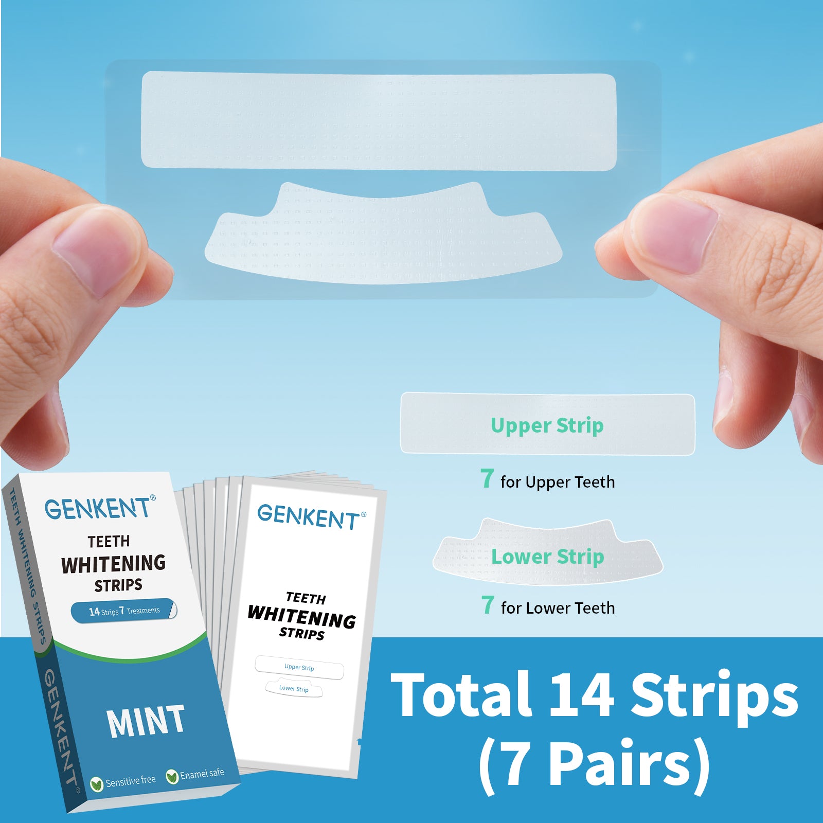 A pack of Sensitive Teeth Whitening Strips with mint flavor, designed for effective 7-day whitening treatment, suitable for sensitive teeth.