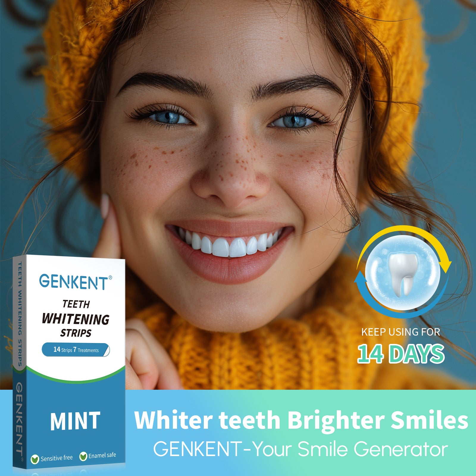 A pack of Sensitive Teeth Whitening Strips with mint flavor, designed for effective 7-day whitening treatment, suitable for sensitive teeth.