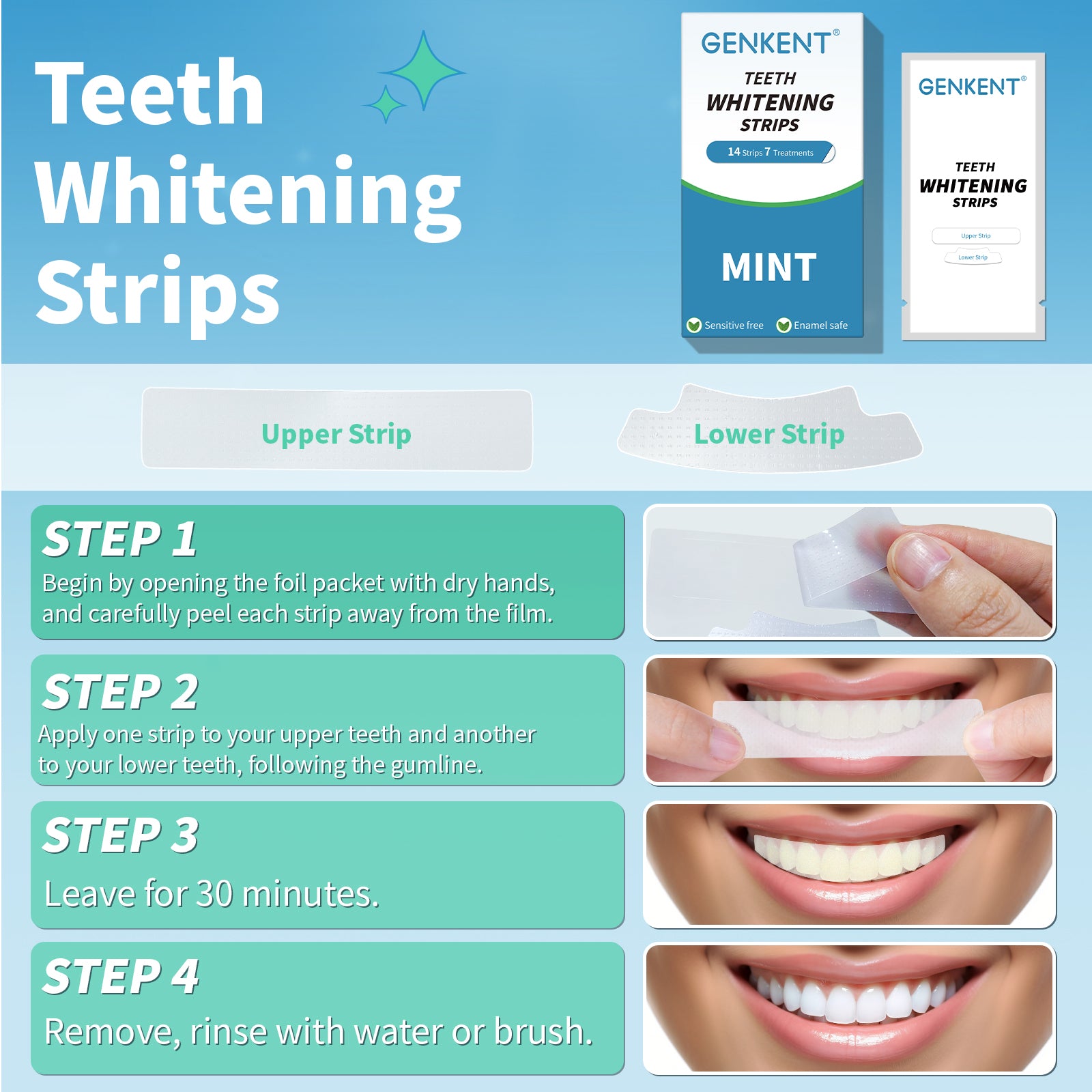 A pack of Sensitive Teeth Whitening Strips with mint flavor, designed for effective 7-day whitening treatment, suitable for sensitive teeth.