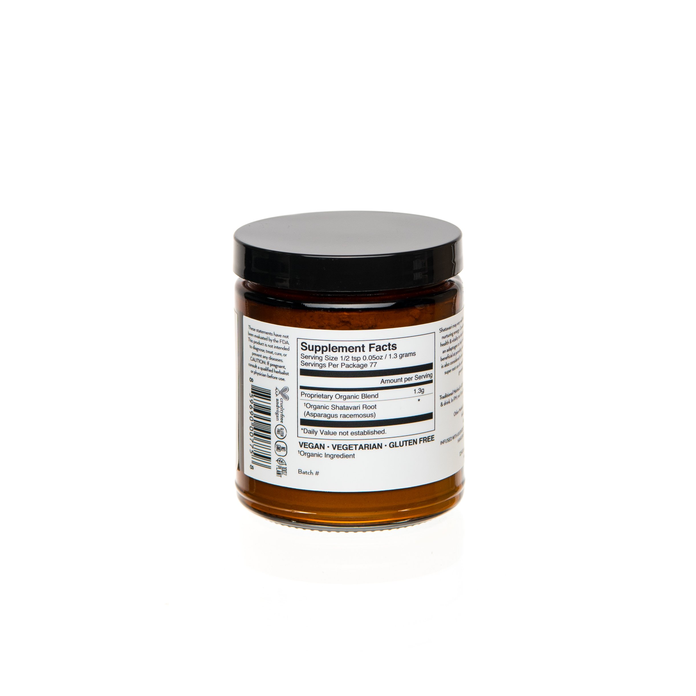 A 9 oz glass jar of Shatavari herbal supplement, showcasing its earthy color and texture, symbolizing its Ayurvedic roots and health benefits.