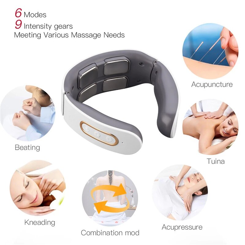 Smart Electric Neck Massager with four massage heads and USB charging, designed for neck and shoulder relief.