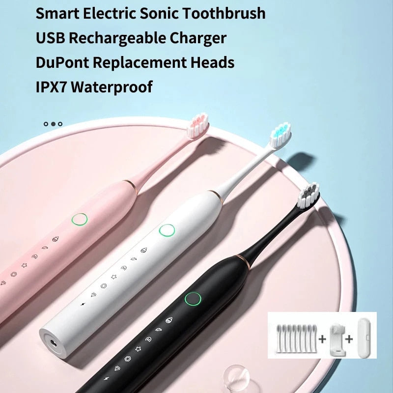 Smart Electric Sonic Toothbrush with USB charging, featuring multiple modes and DuPont bristles for effective cleaning.