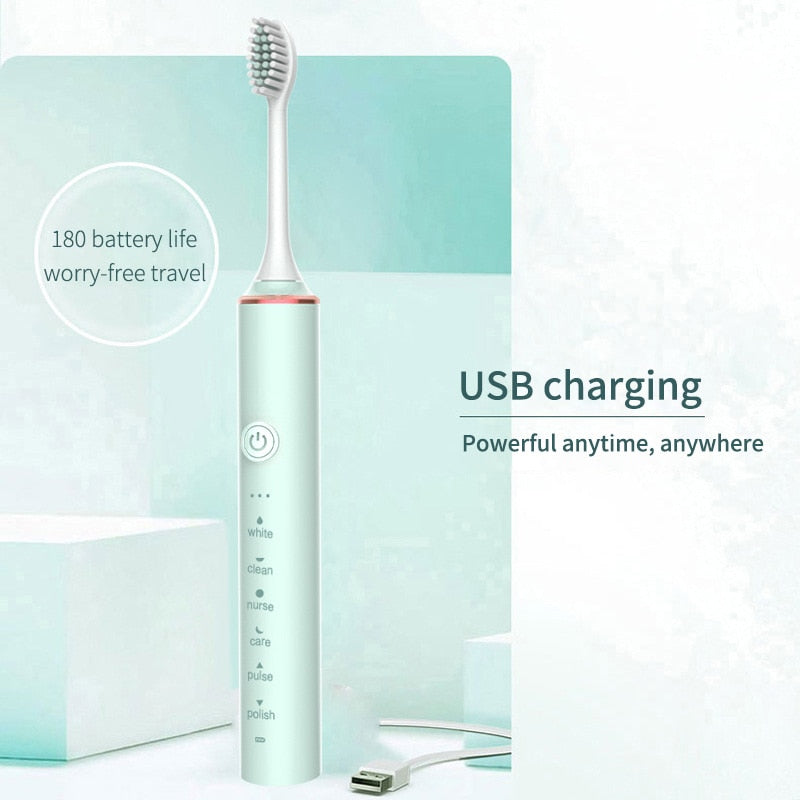 Smart Sonic Electric Toothbrush with USB charging and multiple modes, featuring DuPont bristles and waterproof design.