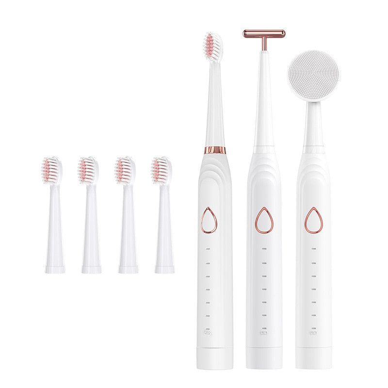 Smart Ultrasonic Electric Toothbrush with multiple modes and accessories, showcasing its sleek design and included facial care tools.