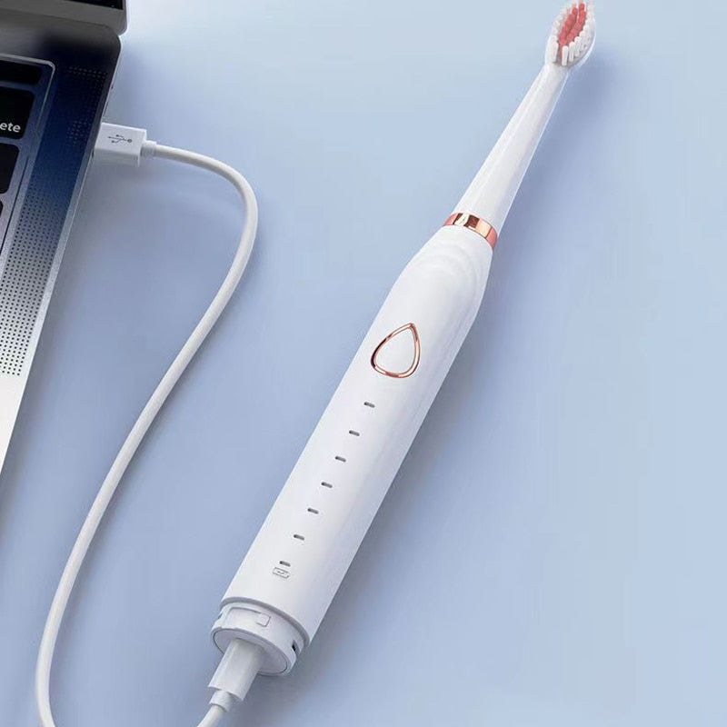 Smart Ultrasonic Electric Toothbrush with multiple modes and accessories, showcasing its sleek design and included facial care tools.