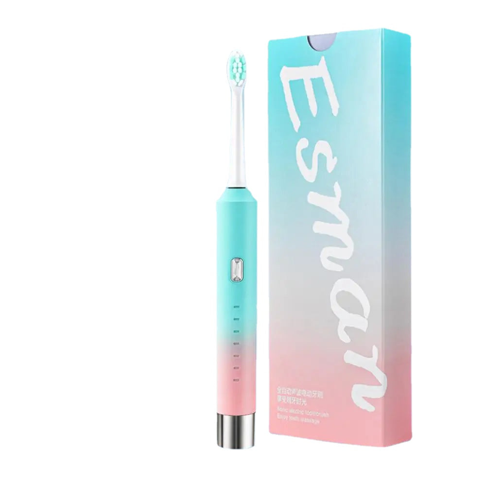 Sonic Toothbrush with soft bristles and gold-plated buttons, showcasing its sleek design and multiple features.