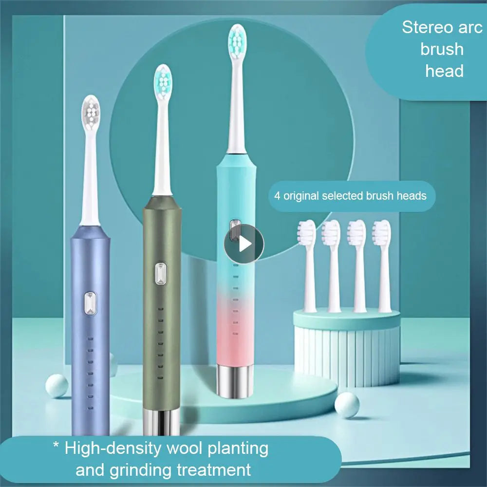 Sonic Toothbrush with soft bristles and gold-plated buttons, showcasing its sleek design and multiple features.