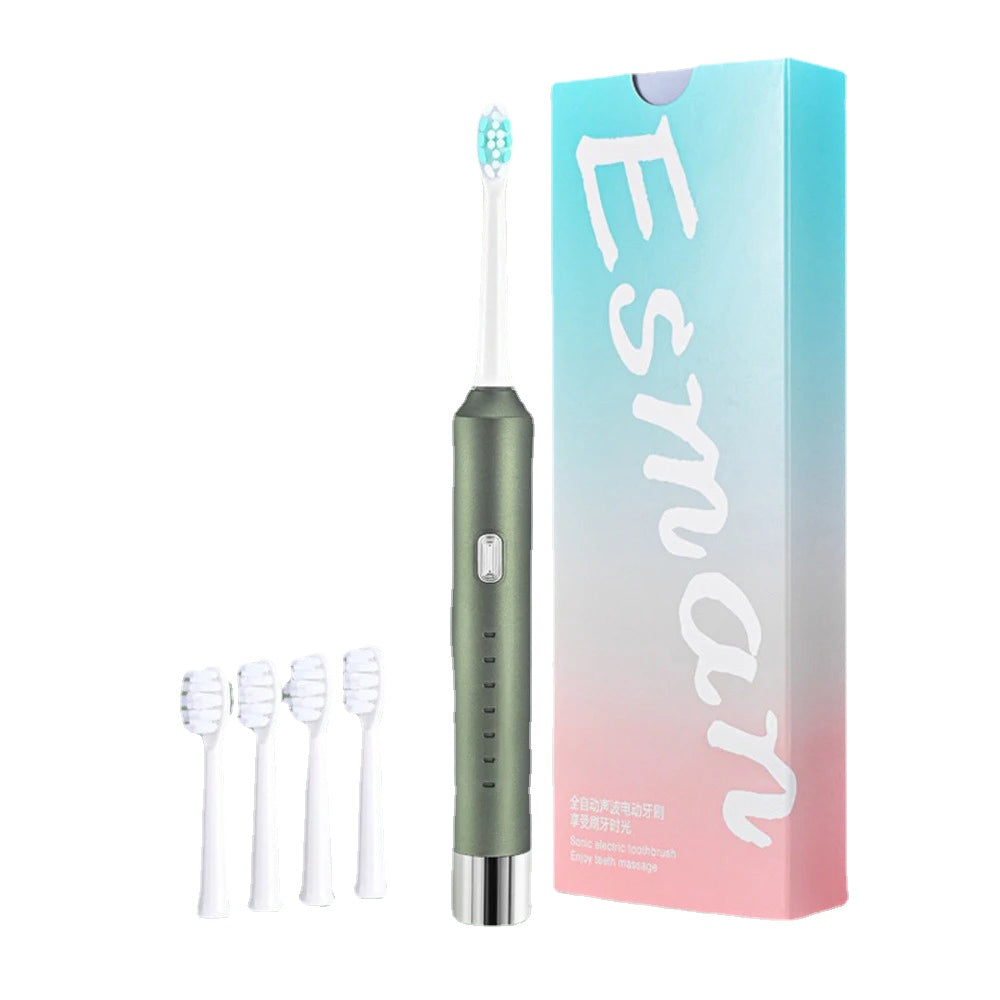 Sonic Toothbrush with soft bristles and gold-plated buttons, showcasing its sleek design and multiple features.