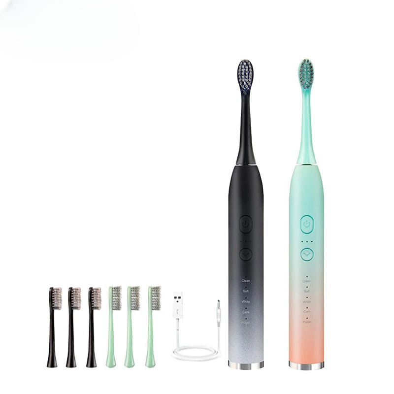 Student Party Ultrasonic Electric Toothbrush with multiple brush heads and USB charging port, showcasing its sleek design and advanced features.