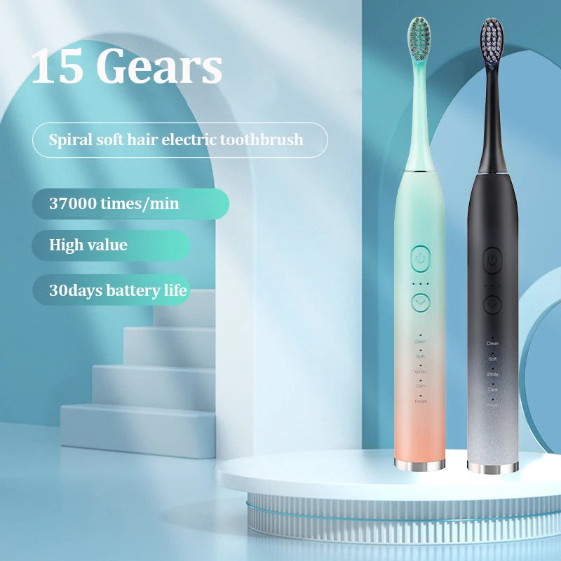 Student Party Ultrasonic Electric Toothbrush with multiple brush heads and USB charging port, showcasing its sleek design and advanced features.