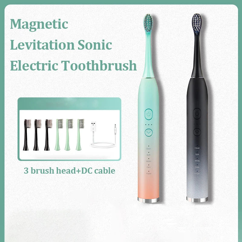 Student Party Ultrasonic Electric Toothbrush with multiple brush heads and USB charging port, showcasing its sleek design and advanced features.