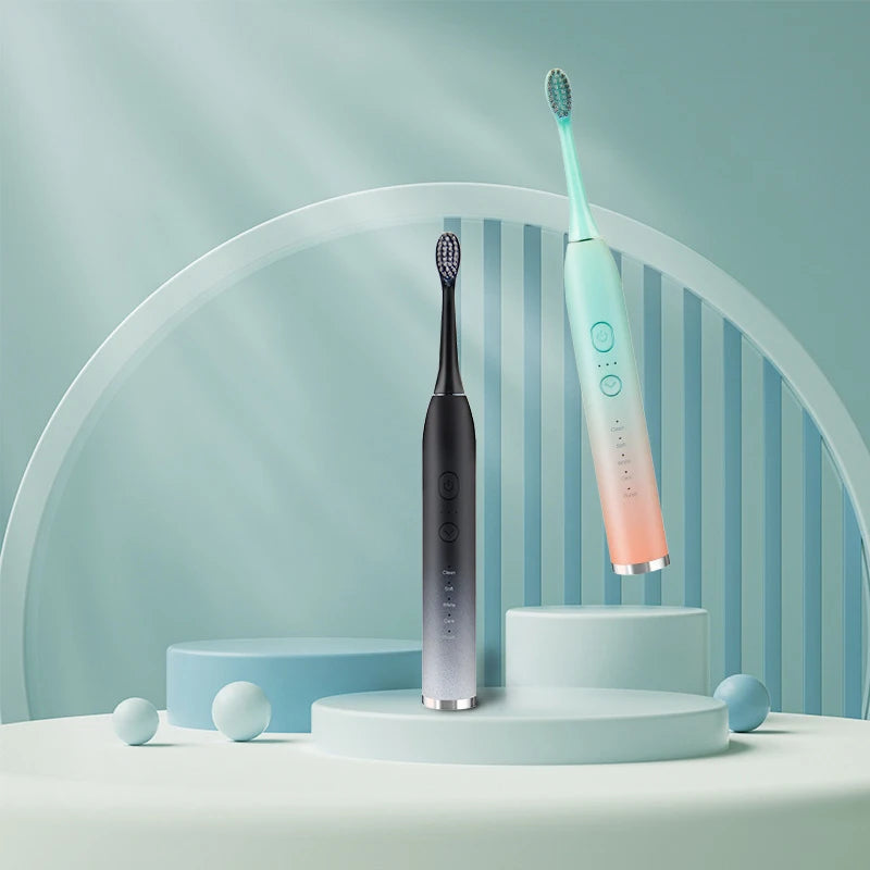 Student Party Ultrasonic Electric Toothbrush with multiple brush heads and USB charging port, showcasing its sleek design and advanced features.