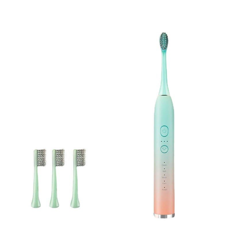 Student Party Ultrasonic Electric Toothbrush with multiple brush heads and USB charging port, showcasing its sleek design and advanced features.