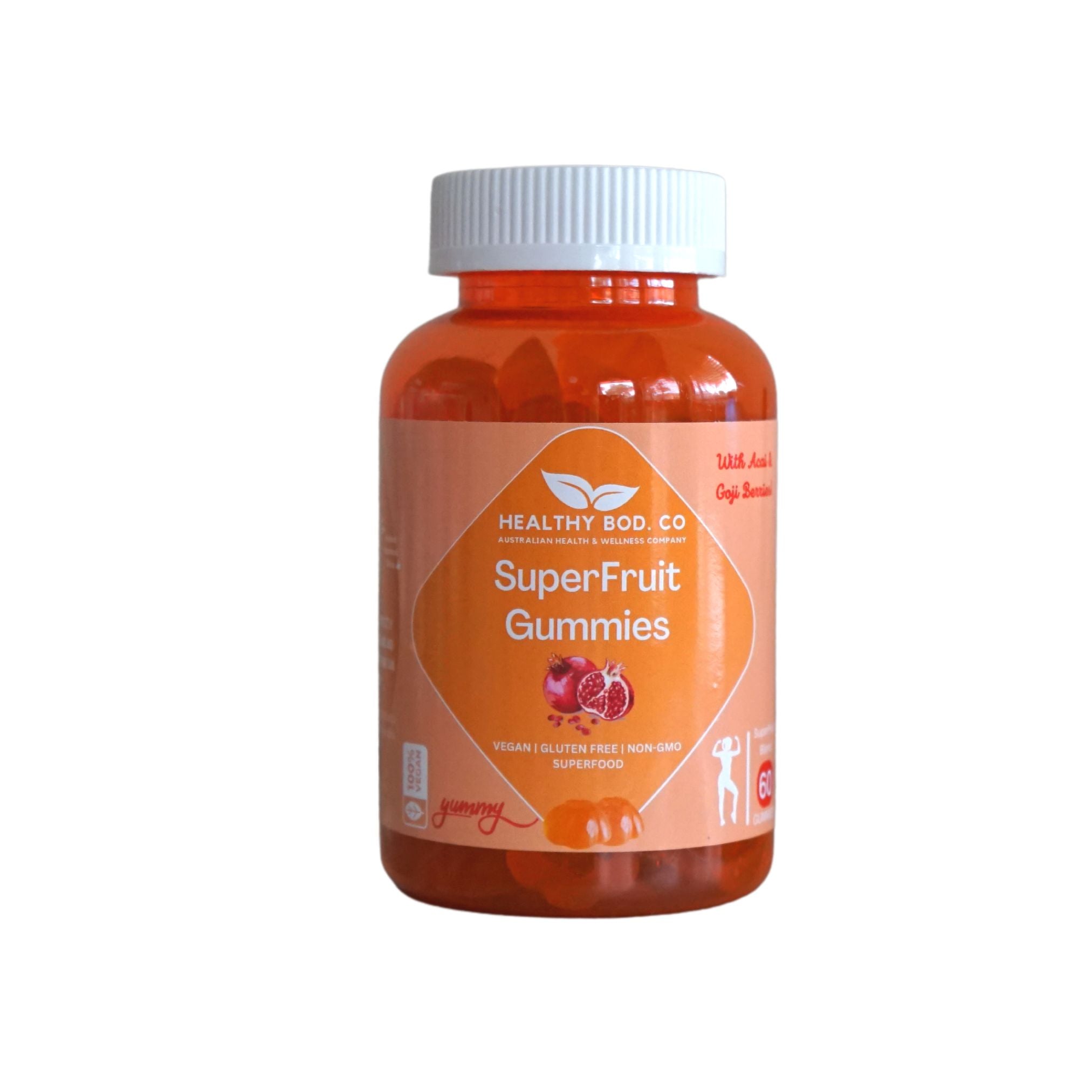 A bottle of Healthy Bod. Co SuperFruit Gummies containing 60 delicious, immune-boosting gummies made from super berries.