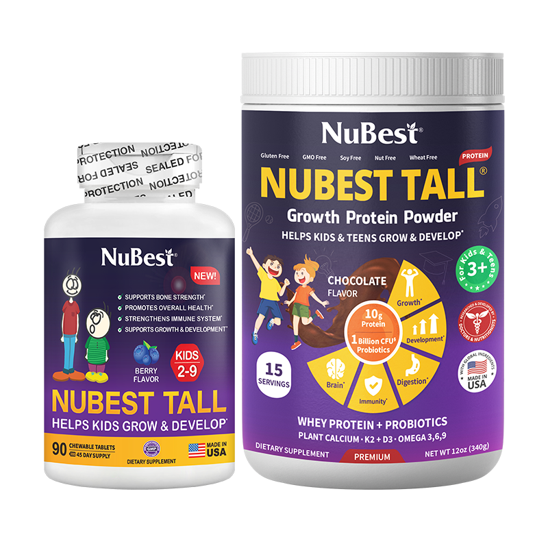 Tall Kids & Pro Duo nutritional products including chewable tablets and chocolate protein powder for children's growth and health.