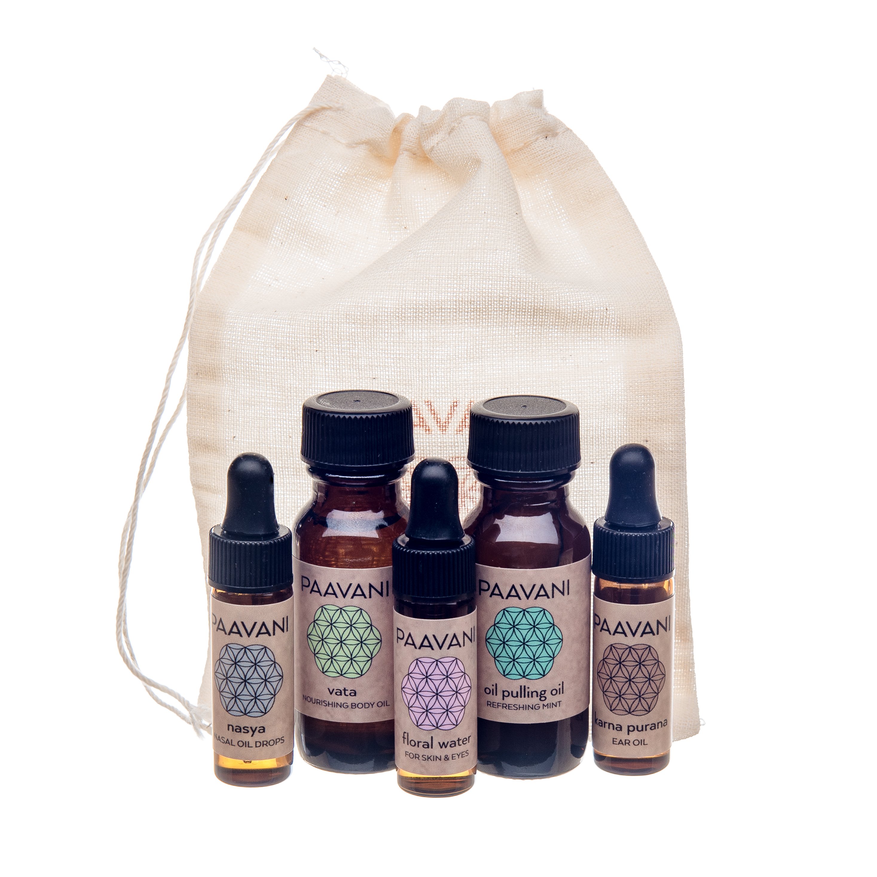 The Dinacharya Ritual kit featuring Ayurvedic self-care products including Ear Oil, Body Oil, Nose Oil, Oil Pulling Oil, and Floral Water, all in elegant packaging.