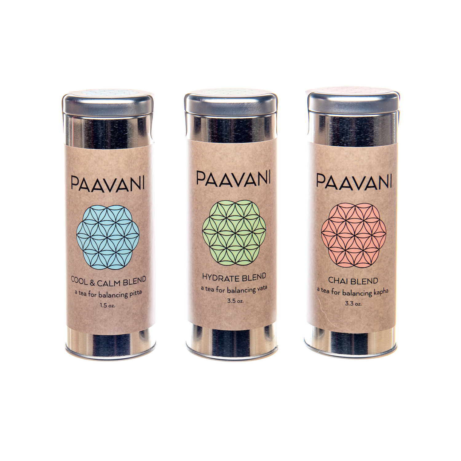 A collection of three herbal tea blends in metal canisters, showcasing organic ingredients and Ayurvedic healing properties.