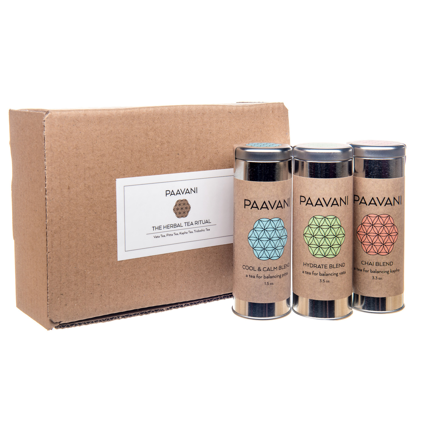 A collection of three herbal tea blends in metal canisters, showcasing organic ingredients and Ayurvedic healing properties.