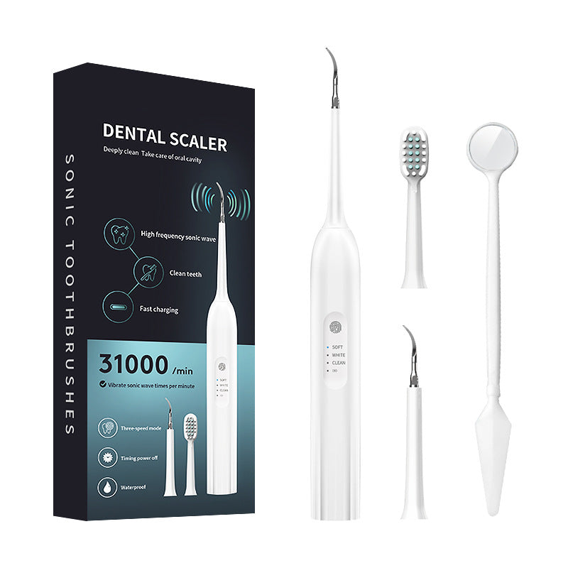 Portable electric toothbrush in white, green, and black colors with multiple brush heads and charging cable.