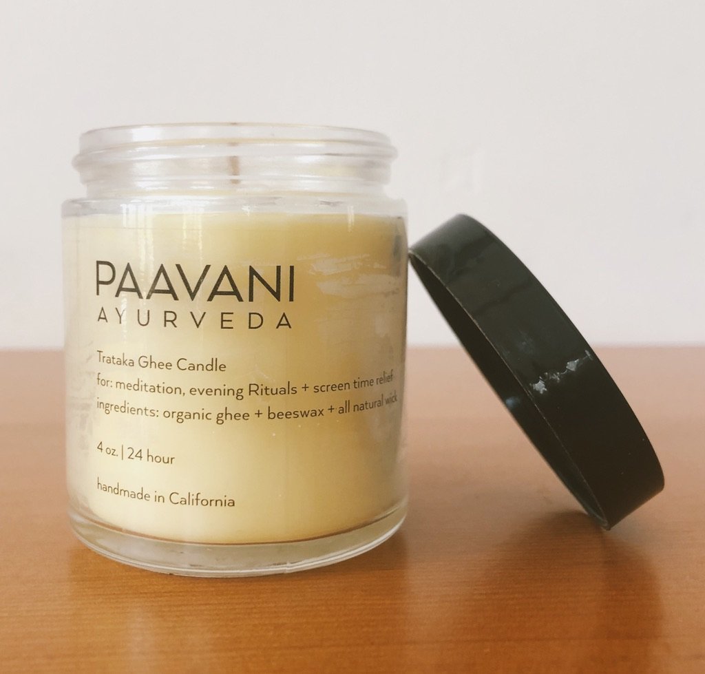 Trataka Ghee Candle in a 4 oz glass container, handmade with organic ghee and beeswax, designed for meditation and eye health.