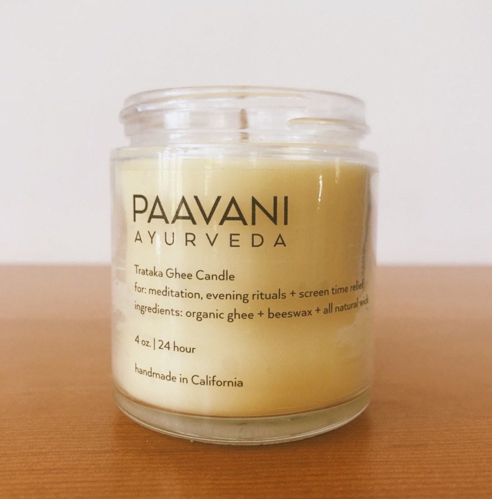 Trataka Ghee Candle in a 4 oz glass container, handmade with organic ghee and beeswax, designed for meditation and eye health.