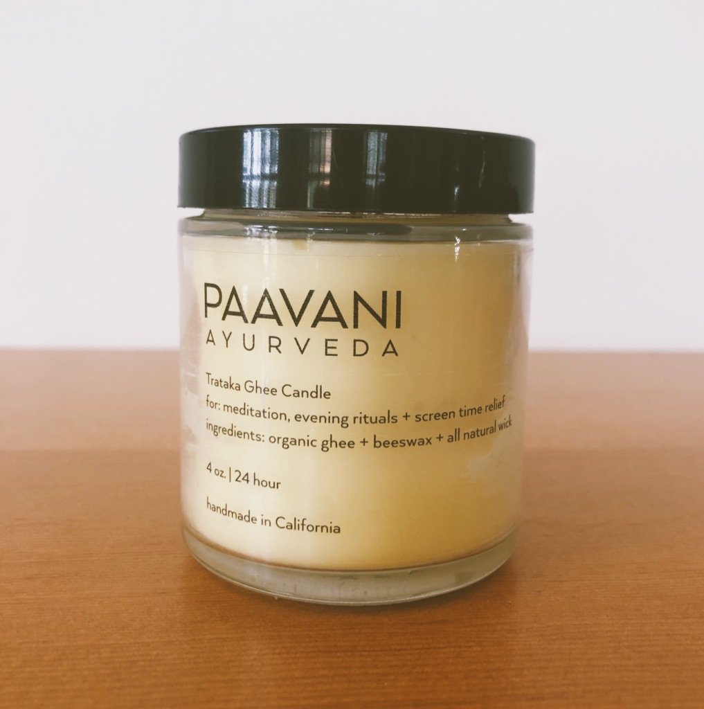 Trataka Ghee Candle in a 4 oz glass container, handmade with organic ghee and beeswax, designed for meditation and eye health.