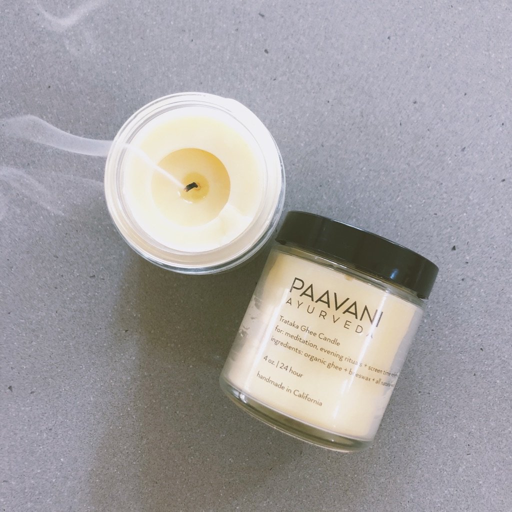 Trataka Ghee Candle in a 4 oz glass container, handmade with organic ghee and beeswax, designed for meditation and eye health.