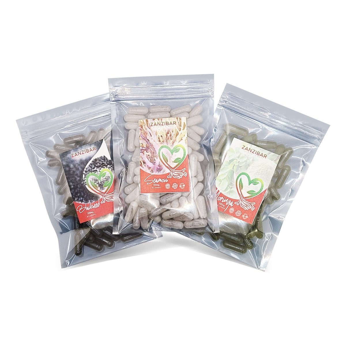 Trio Pack of Sea Moss, Blackseed Oil, and Moringa supplements in a stylish packaging, showcasing natural health benefits.