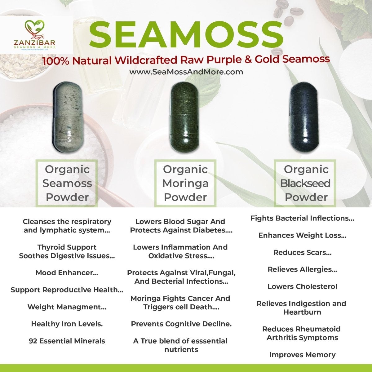 Trio Pack of Sea Moss, Blackseed Oil, and Moringa supplements in a stylish packaging, showcasing natural health benefits.