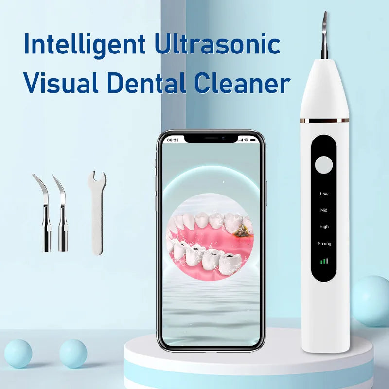 Ultrasonic Dental Scaler Electric Teeth Cleaner with accessories including USB cable and cleaning tips, designed for effective tooth whitening.