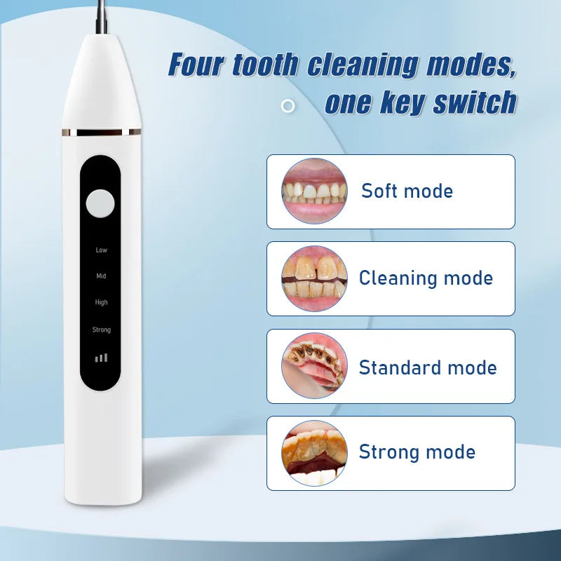 Ultrasonic Dental Scaler Electric Teeth Cleaner with accessories including USB cable and cleaning tips, designed for effective tooth whitening.