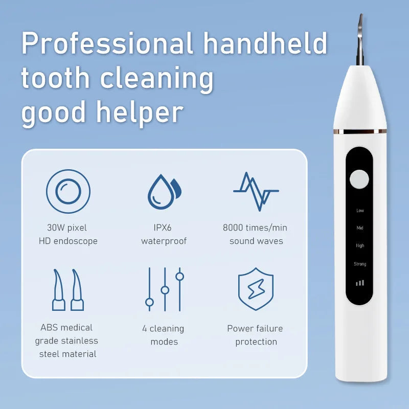 Ultrasonic Dental Scaler Electric Teeth Cleaner with accessories including USB cable and cleaning tips, designed for effective tooth whitening.