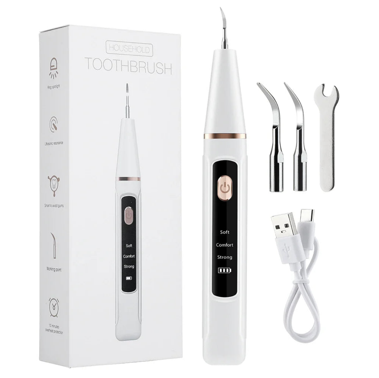 Ultrasonic Dental Scaler with cleaning tips and USB charging cable, designed for effective tartar removal and oral hygiene.