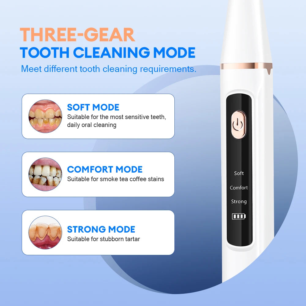 Ultrasonic Dental Scaler with cleaning tips and USB charging cable, designed for effective tartar removal and oral hygiene.