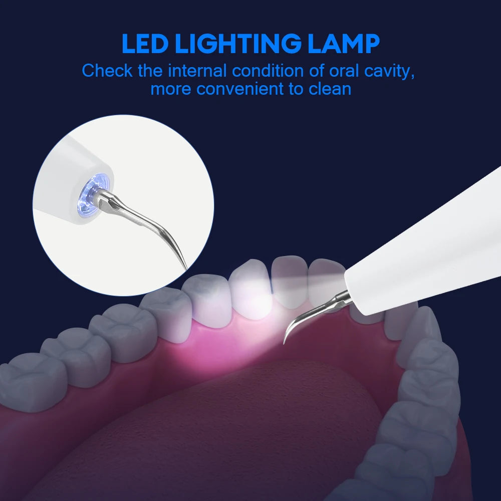 Ultrasonic Dental Scaler with cleaning tips and USB charging cable, designed for effective tartar removal and oral hygiene.