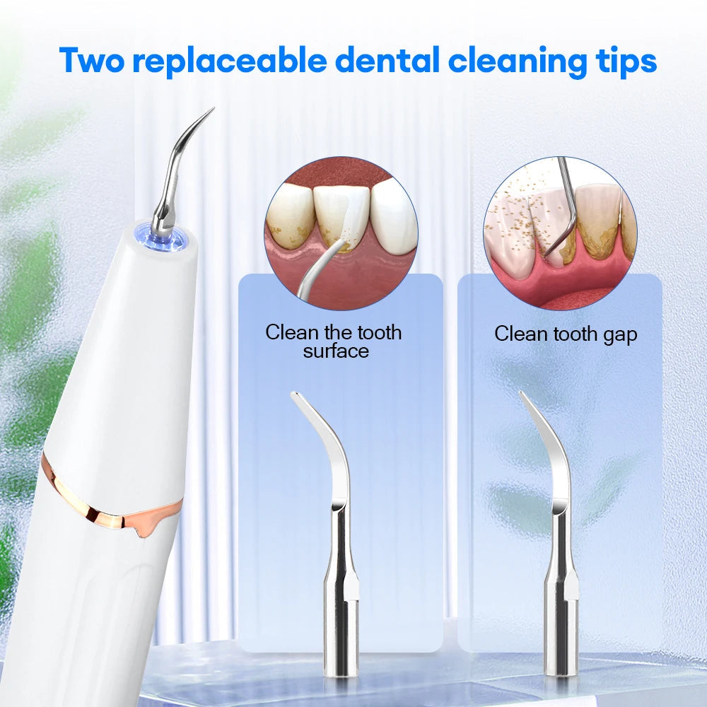 Ultrasonic Dental Scaler with cleaning tips and USB charging cable, designed for effective tartar removal and oral hygiene.