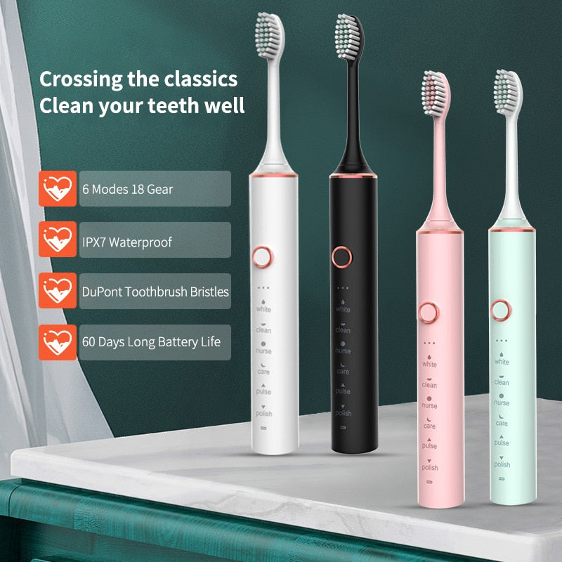 Ultrasonic Electric Toothbrush with USB charging, featuring multiple modes and 8 replacement heads, designed for adults.