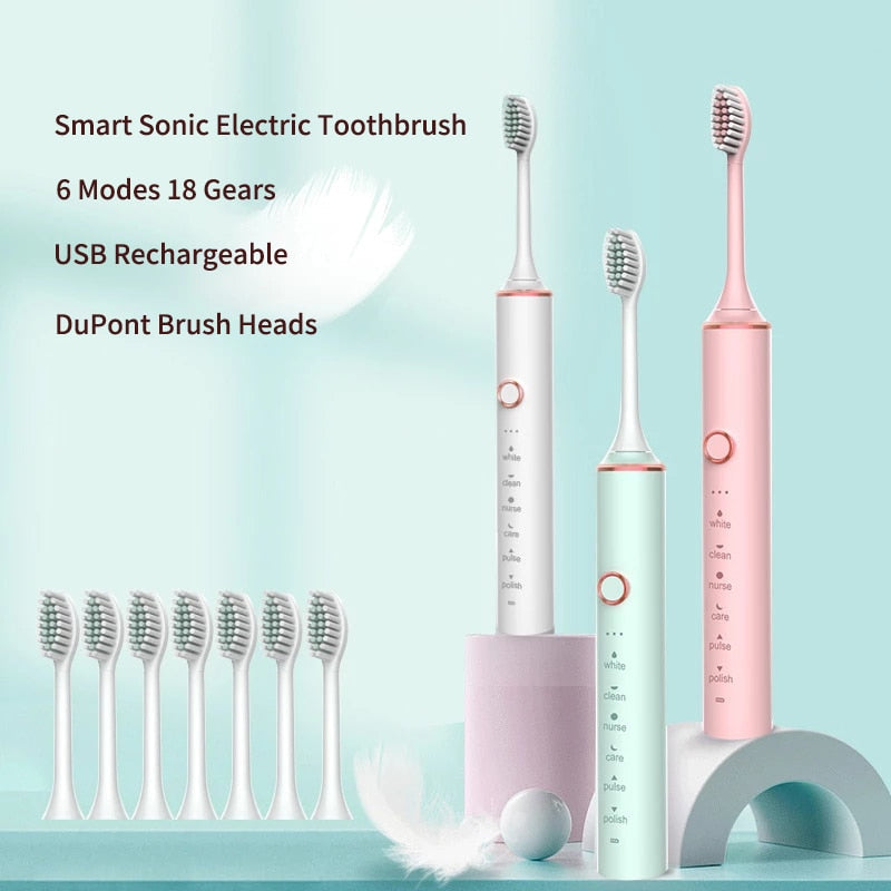 Ultrasonic Electric Toothbrush with USB charging, featuring multiple modes and 8 replacement heads, designed for adults.