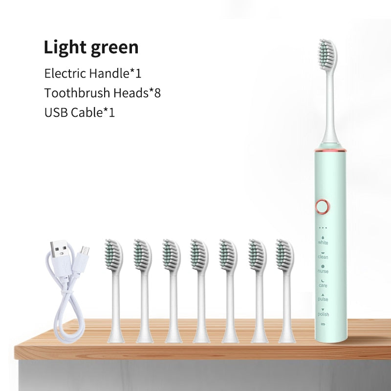 Ultrasonic Electric Toothbrush with USB charging, featuring multiple modes and 8 replacement heads, designed for adults.