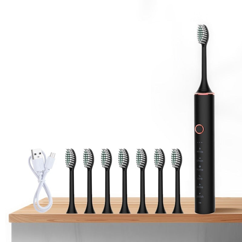 Ultrasonic Electric Toothbrush with USB charging, featuring multiple modes and 8 replacement heads, designed for adults.