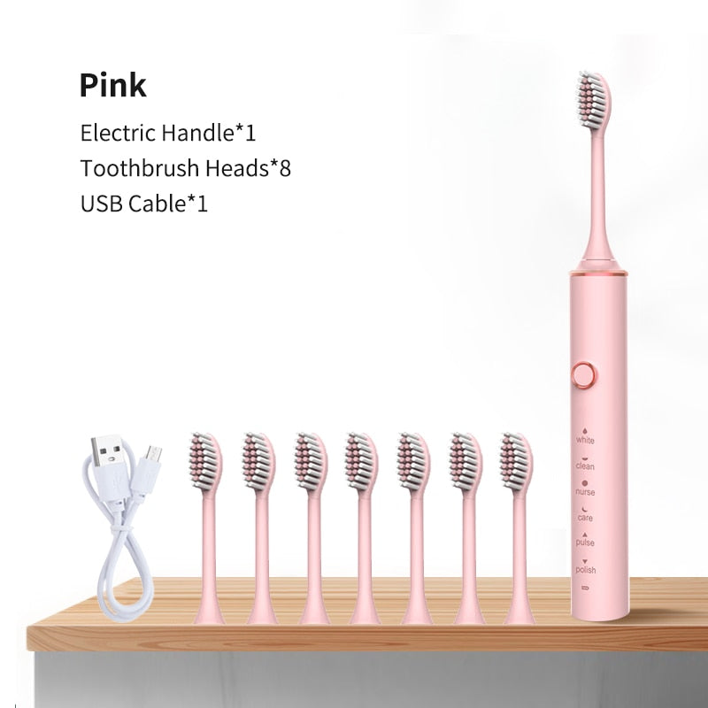 Ultrasonic Electric Toothbrush with USB charging, featuring multiple modes and 8 replacement heads, designed for adults.