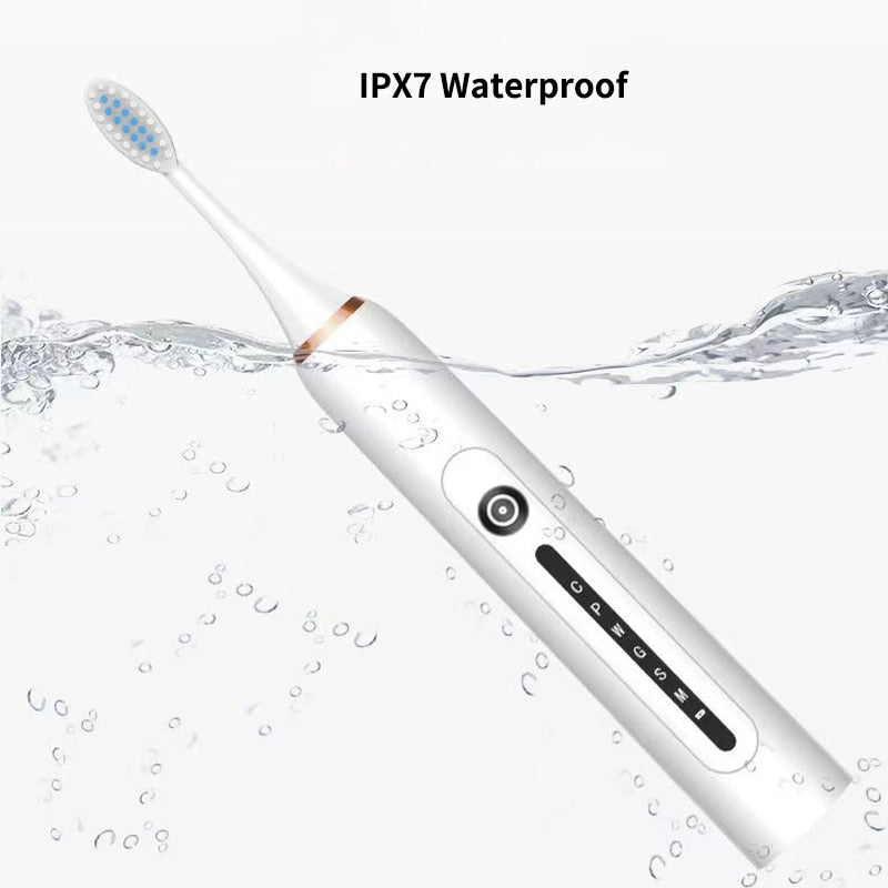 Ultrasonic Sonic Electric Toothbrush with USB charger and multiple brush heads, showcasing its sleek design and advanced features.