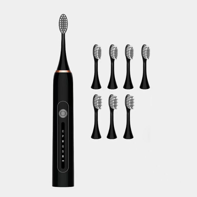 Ultrasonic Sonic Electric Toothbrush with USB charger and multiple brush heads, showcasing its sleek design and advanced features.